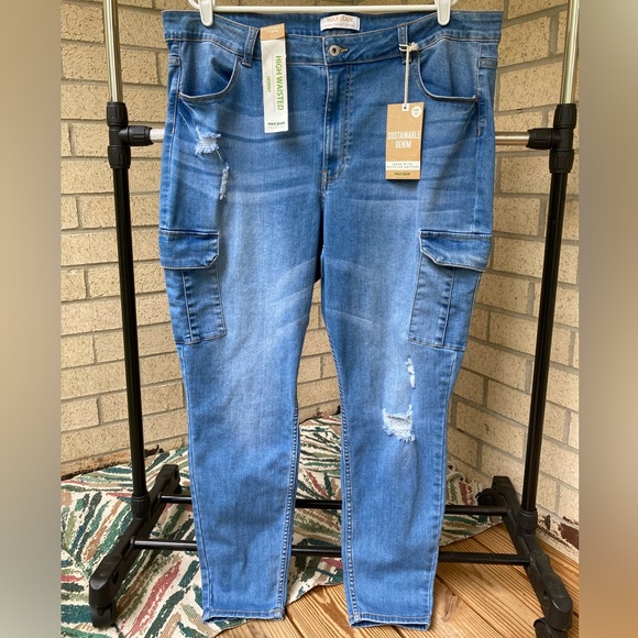 Wax Jeans Blue Denim Cargo Pocket Skinny Jeans Stretchy Cropped Jeans - Picture 13 of 16